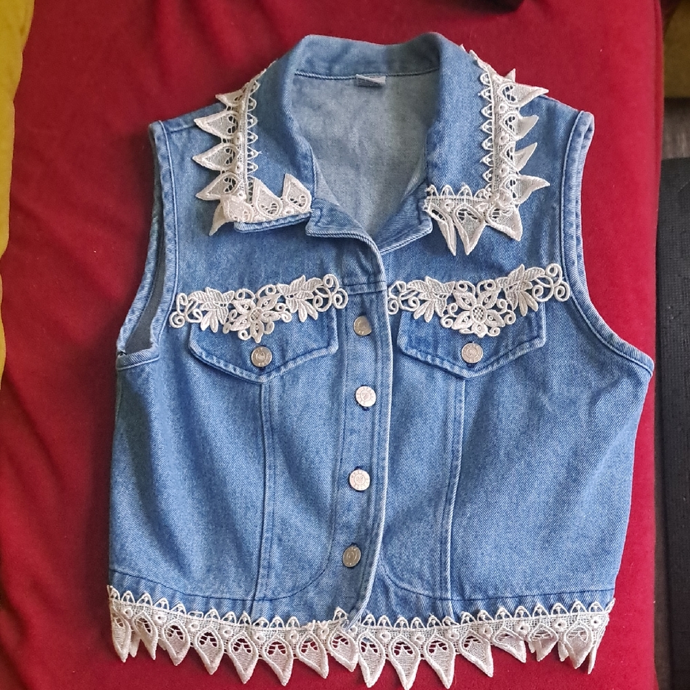 1980's Apachie West Denim Vest with Lace Accents